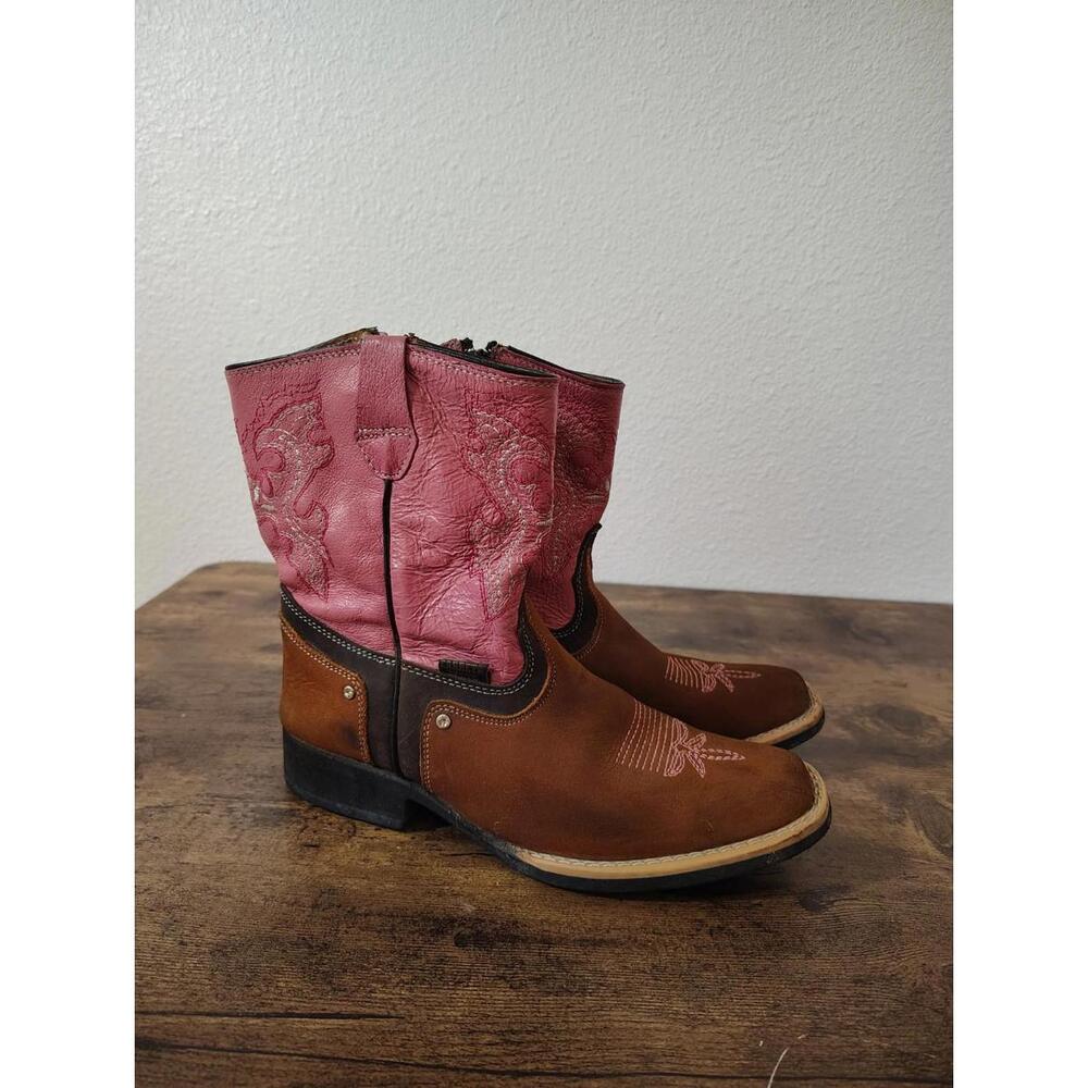 Girl Boots Leather Cowboy Western Pink Square toe Brown Made in Mexico 2.5 1.5 5